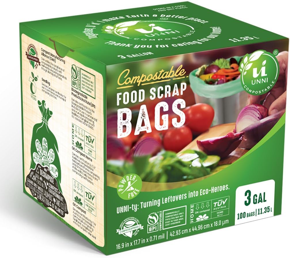 UNNI Compostable Trash Bags, 3 Gallon / 11.35 Liter, 100 Count, Extra Thick 0.71 Mil Small Kitchen Food Scrap Bin Liners, Certified by BPI, CMA & OK compost HOME, Meets the ASTM D6400 Standard