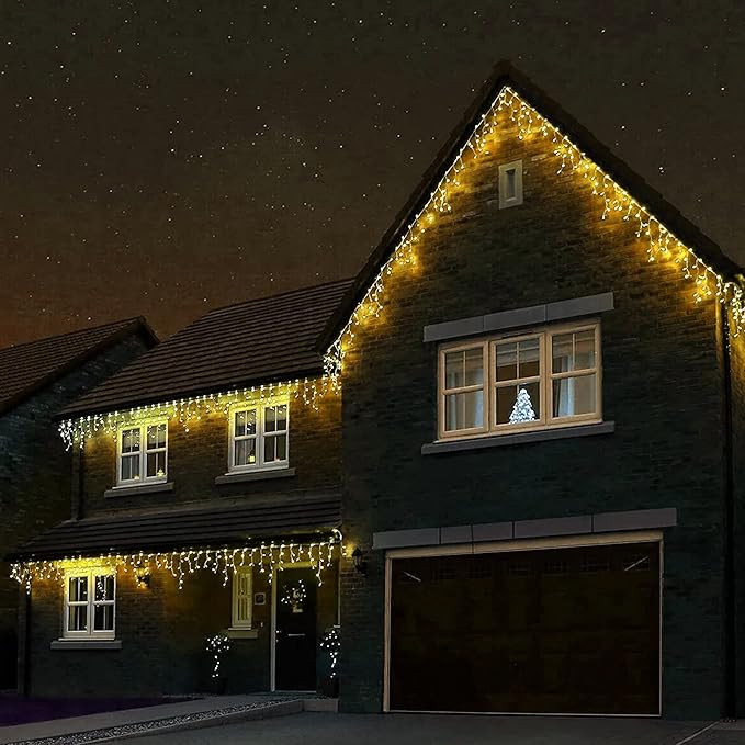 Dazzle Bright 360 LED Christmas Icicle Lights, 29.5 FT 8 Modes Curtain Fairy Lights with 60 Drops, Connectable Xmas String Lights for Outside Holiday Wedding Party Decorations (Warm White)