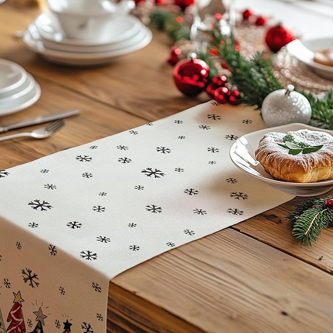 GEEORY Christmas Table Runner 13x48 Inch, Xmas Tees Snowflakes Holiday Decorative Farmhouse Table Decoration for Kitchen Dinning, Indoor Outdoor Dinner Party Decor ((Red & Black) GT165-48