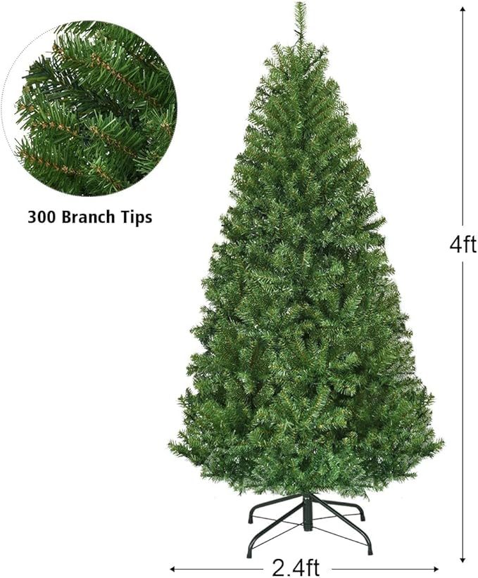 HAPPYGRILL 4FT Pre-Lit Christmas Tree with 300 PVC Branch Tips and Foldable Base, Premium Artificial Spruce Tree Hinged Xmas Tree for Holiday Decoration