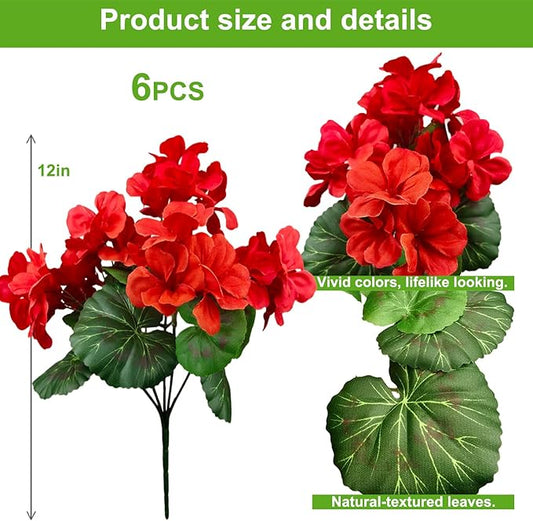 Outdoor UV-Resistant Red Silk Geranium Flowers (6 Bundles) - Realistic Artificial Faux Geranium Plants for Planter, Front Door, Porch, Yard, Patio, Window Box & Home Decor