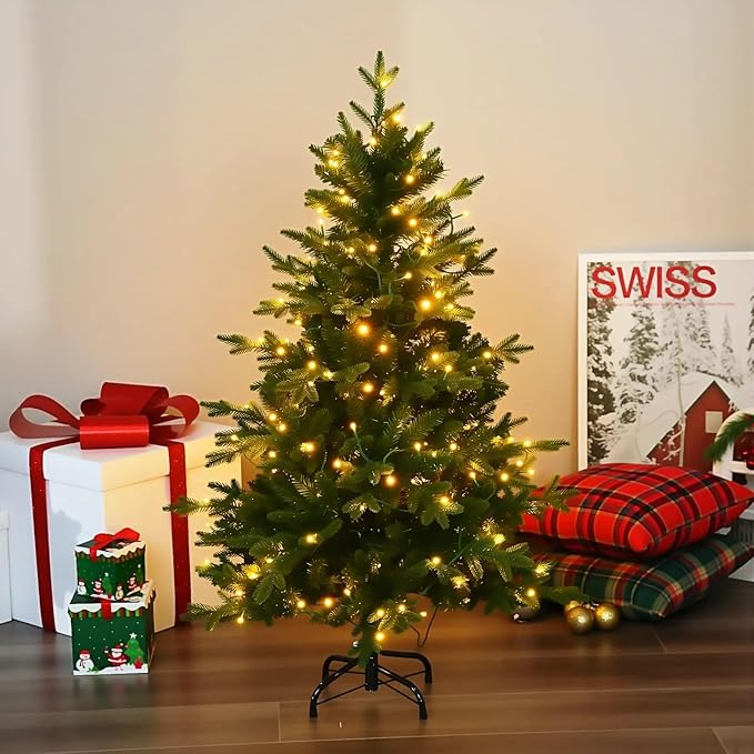 4 ft Pre-Lit Artificial Christmas Tree with Lights, Fraser Fir Realistic PE PVC Branch Tips, Holiday Xmas Tree, Metal Stand Automatic Unfold Hinged Design, Easy Assembly for Home Party Decoration