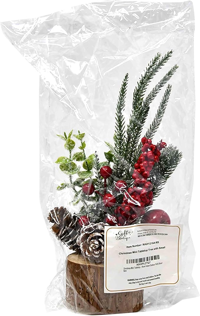 GIft Boutique Christmas Mini Tabletop Tree with Small Artificial Decorative Pine Cone Berries Ornaments Wood Base Home Room Indoor Outdoor Party Decor