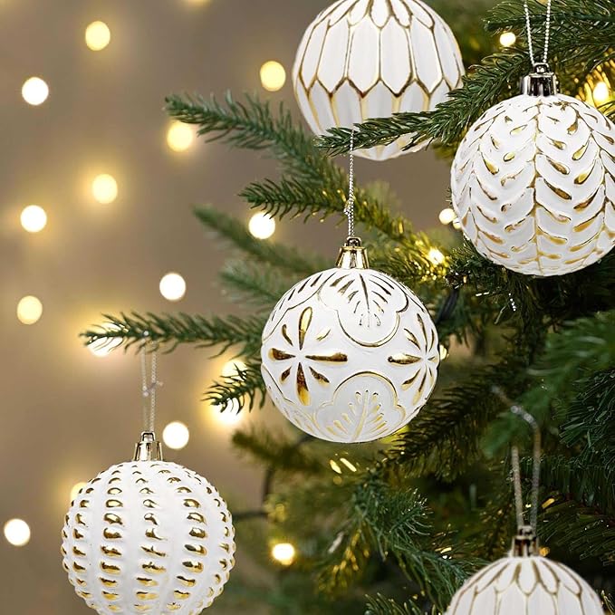 Christmas Ball Ornaments Set, 16ct 80mm Elegant White and Gold Assorted Xmas Tree Ball Ornaments, Shatterproof Christmas Tree Hanging Ornaments for Xmas Decoration