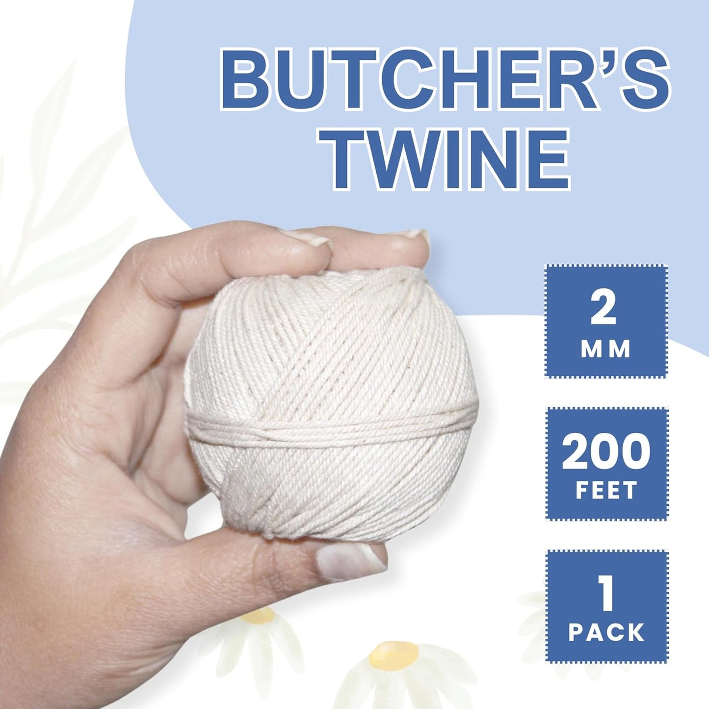 Organic Butcher’s Twine for Cooking & Trussing – 2mm Heavy-Duty Natural Cotton Kitchen Twine 200 Feet – Food-Safe, Oven-Safe String for Meat, Turkey, Baking, & Crafts