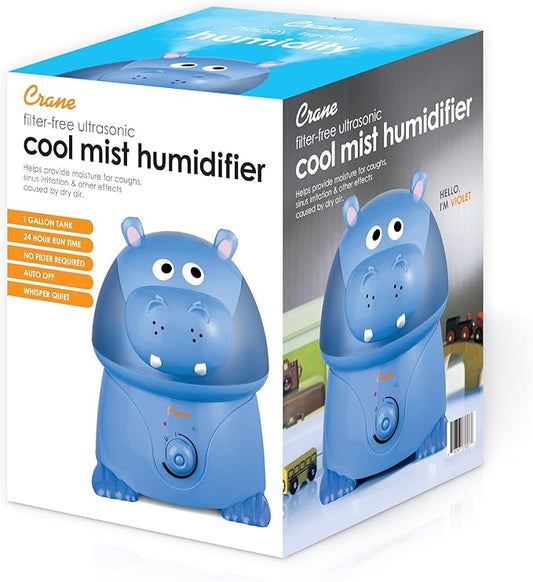 Crane Animal Humidifier for Kids Bedroom, 1 Gal. Cool Mist Humidifier with Adjustable Settings, Optional Filter, Auto Shut-Off, Hippo