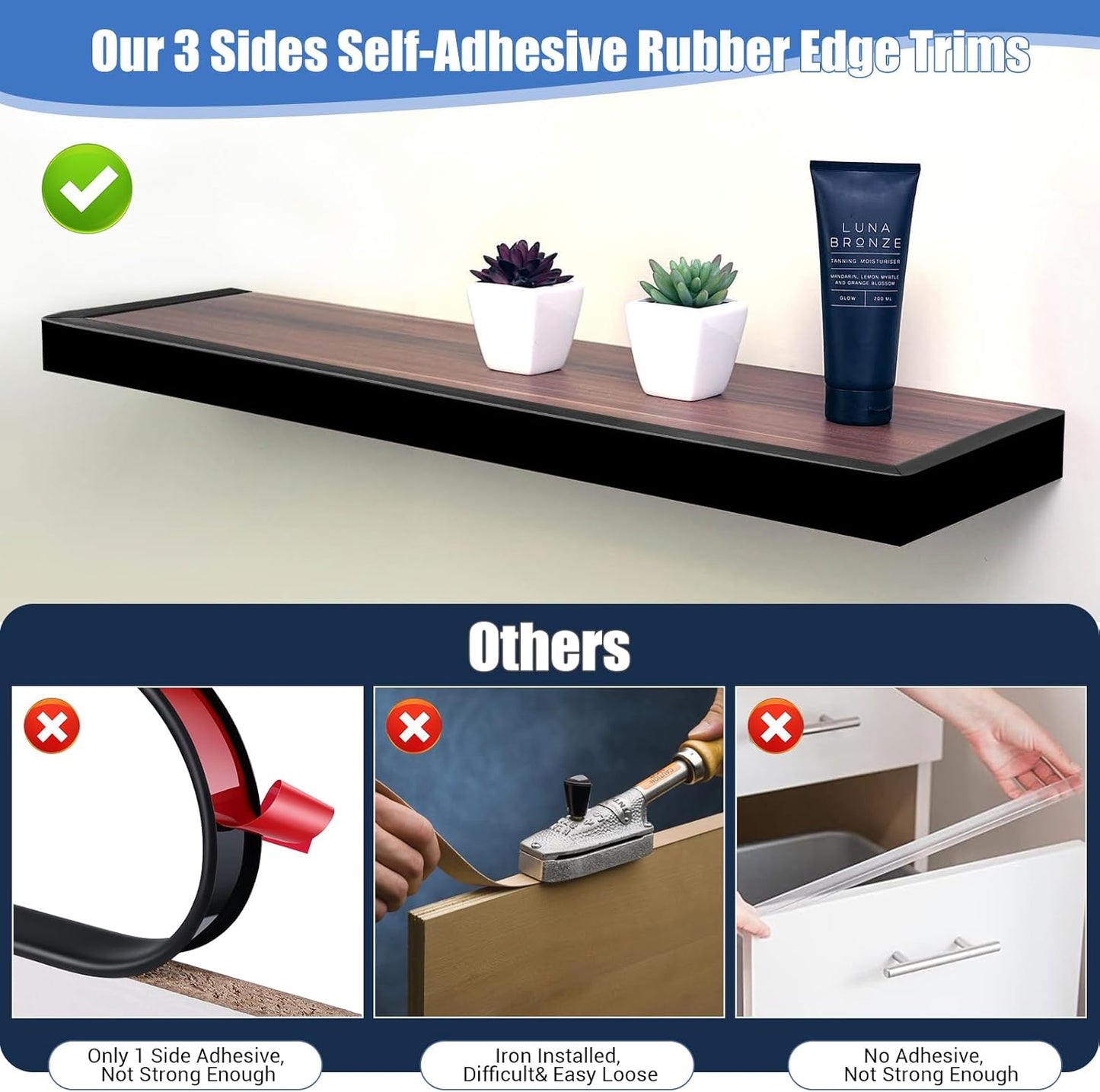 Rubber Edge Trim, Self-Adhesive U Channel Edge Protector for Plywood, Cabinet, 5/8" Wood Edge Banding, Flexible Furniture Repair, EPDM Material, Fit 5/8"(16mm), Length 10Ft, Black