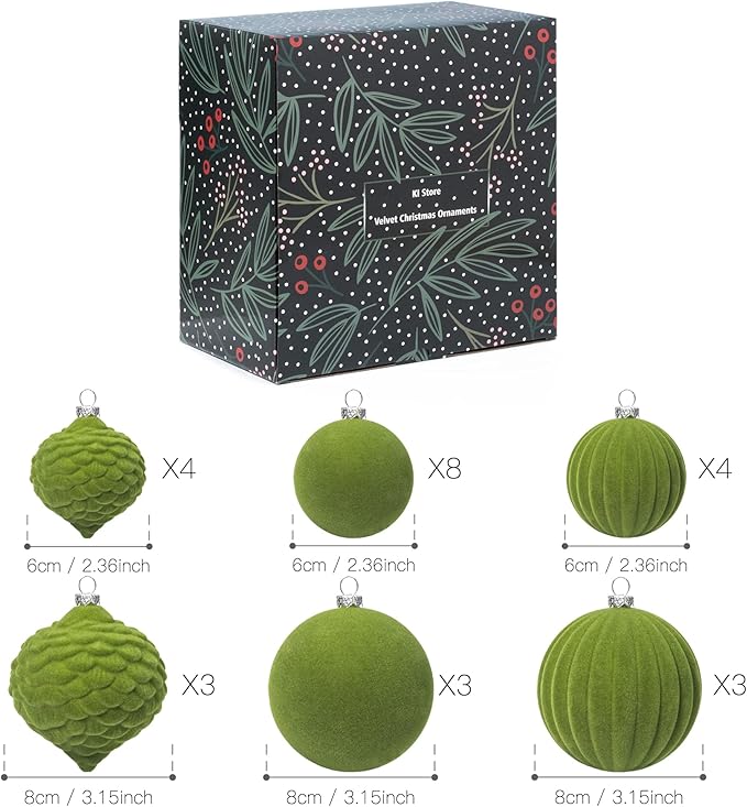 KI Store Moss Green Velvet Christmas Balls 25pcs Flocked Christmas Tree Ornaments for Xmas Holiday Hanging Decor