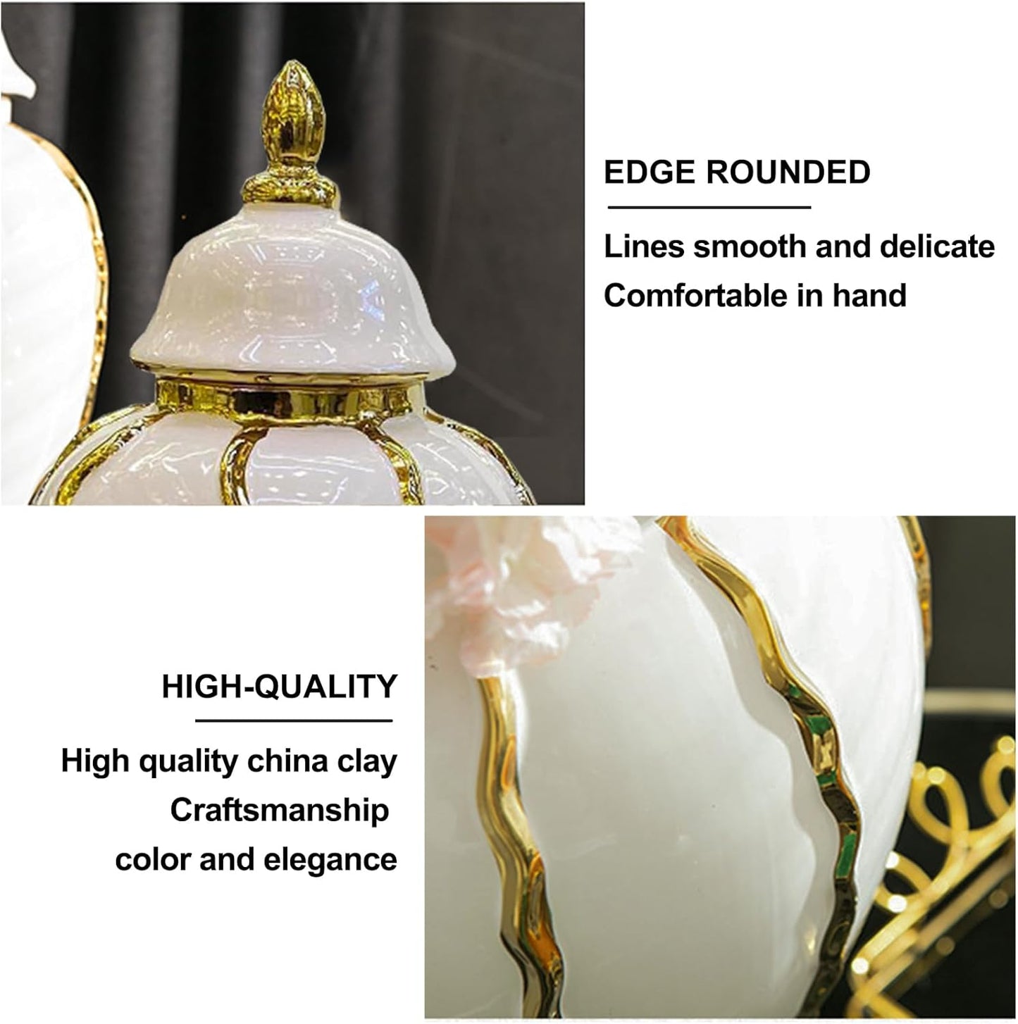 Ginger Jar, White Gold Ceramic Vase Large Handmade Porcelain Vases with Lid, White Gold Decorative Flower Vase for Home, Living Room, Weddings, Centerpieces (14in with Lid)