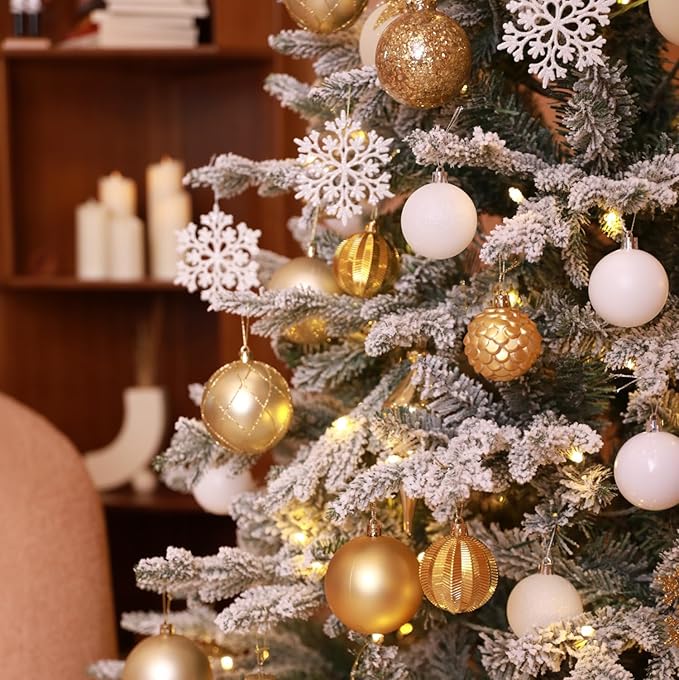 Christmas Tree Ornaments Decorations Set-116ct 1.18-6.5 Inch Assorted White Gold Shatterproof Decorative Hanging Christmas Ball Ornaments Bulk,Xmas Tree Tabletop Decorations for Holiday Decor