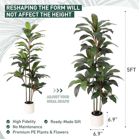 Artificial Dracaena Tree 5 FT, Fake Tree with White Planter, Faux Yucca Silk Floor Plants Indoor, Artificial Trees for Home Office Decor Indoor Outdoor Housewarming Gift