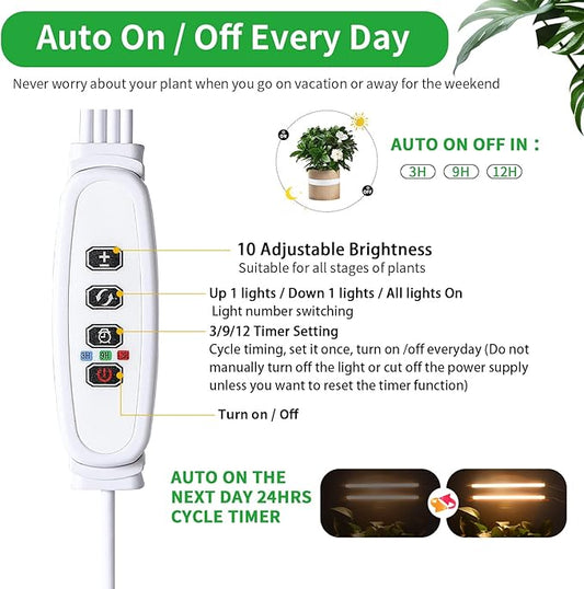 Two Strip Growing Lamp 2-Pack for Indoor Plants, 3500K Full Spectrum LED Grow Light Strips with Auto ON/Off 3/9/12H Timer & 10 Dimmable Levels for Green House Succulent (2 Head×2 Pack)