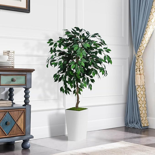 Artificial Ficus Tree 5FT - Faux Indoor Tree with White Tall Planter - Fake Ficus Floor Plant Potted - Artificial Silk Tree for Home Office Living Room Decor Indoor