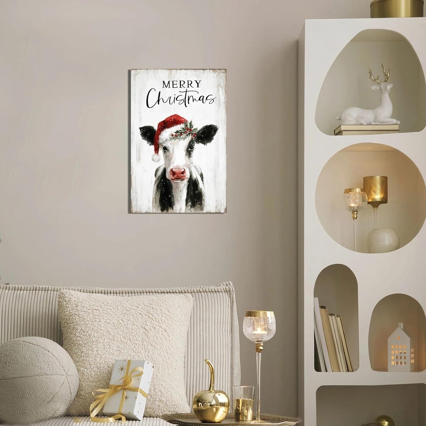 Christmas Cow Canvas Wall Art – Framed Farmhouse Decor for Xmas, Ready to Hang Print Holiday Gifts for Bedroom & Living Room Indoor 16x24Inch