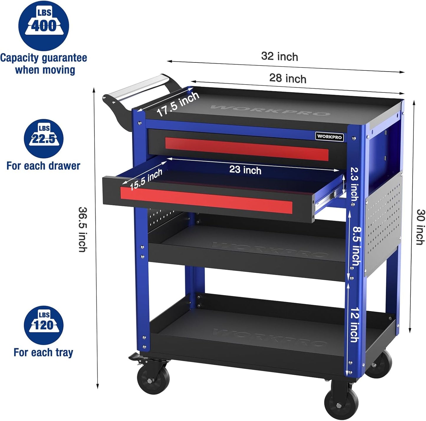WORKPRO Premium 28" 2-Drawer Rolling Tool Cart, Heavy Duty Utility Industrial Service Cart Storage Organizer with Wheels and Locking System, for Mechanic, Warehouse, Garage, Workshop, 400 lbs Load