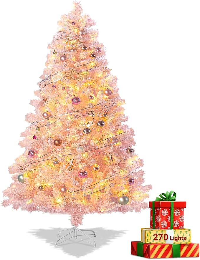 7ft Prelit Pink Artificial Christmas Tree with 250 Warm White LED Lights, Full Snow Flocked Xmas Tree Featuring 1200 Realistic Branch, Easy Hinged Assembly for Home Office Party Decoration