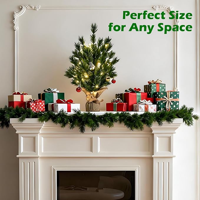 LACHARM 2 Pack 16 Inch Mini Christmas Tree, Tabletop Christmas Tree with Battery Operated Copper Lights and Hanging Ornaments, Small Xmas Tree for Home, Office, Kitchen Table Christmas Decoration