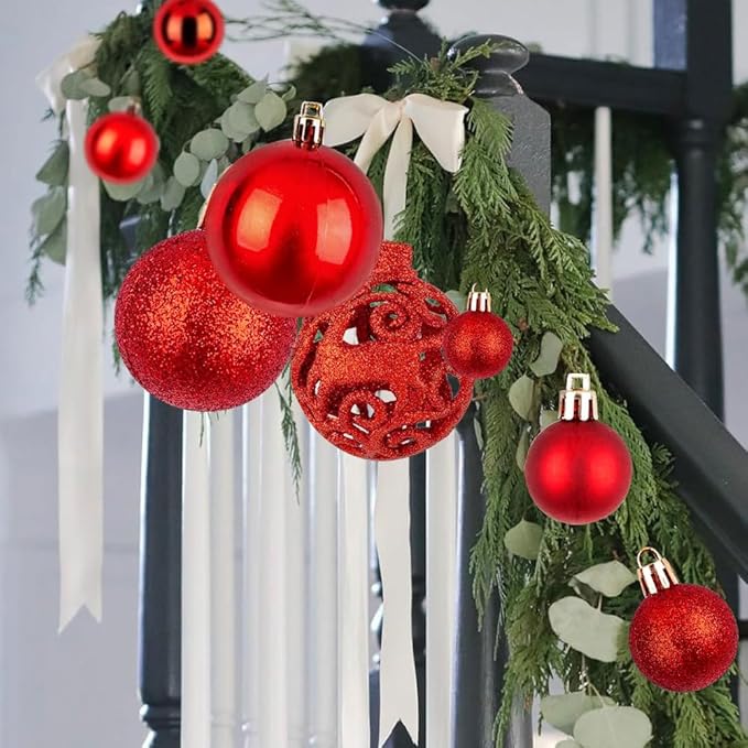 Christmas Ball Ornaments for Tree,Shatterproof Plastic Holiday Baubles Set in Assorted Sizes and Finishes, Christmas Tree Decorations for Home, Office, Party, Indoor Outdoor Use (100PCS, Red)