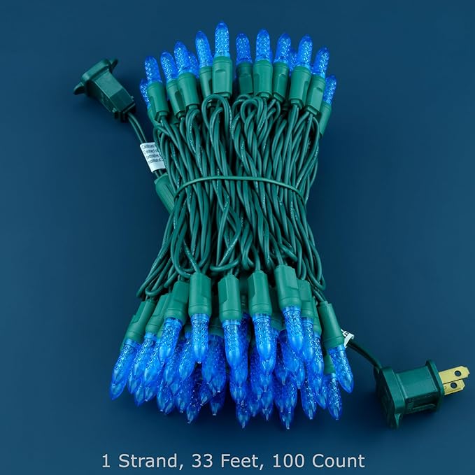 100 Blue Faceted One-Piece LED Christmas Lights, 33 ft Green Cord High Waterproof UL Certified M6 Outdoor String Lights (Blue)