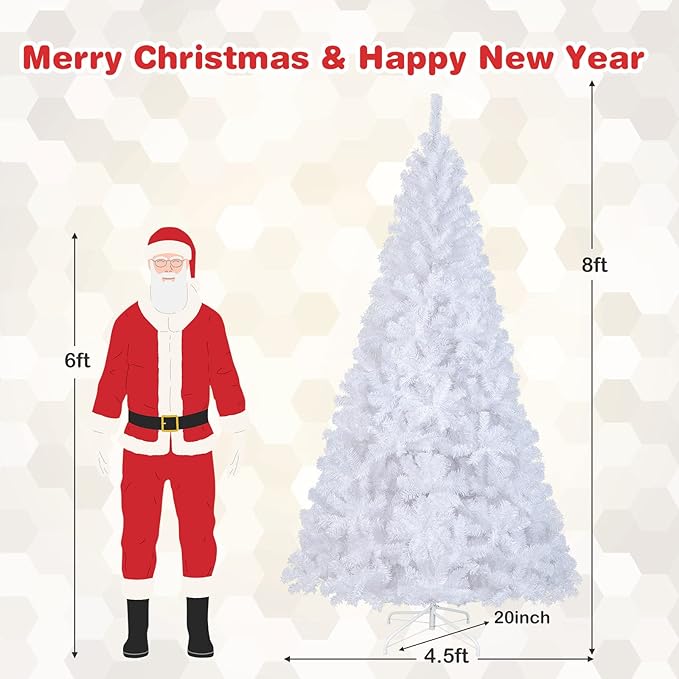 Happygrill 8 Feet White Christmas Tree Artificial Xmas Tree with Solid Metal Stand White Christmas Pine Tree for Indoor Outdoor Decoration