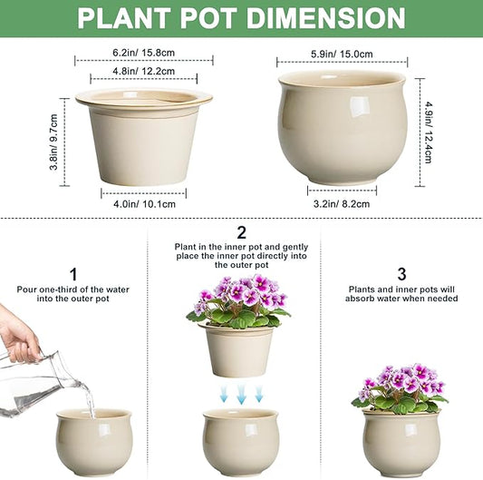 6 Inch Self Watering Pots for Indoor Plants, Ceramic African Violet Pots with Absorbent Inner Pot, Easy Self Watering Planter, Round Ceramic Flower Pot, Patio Decor, Gardening Gifts, Beige