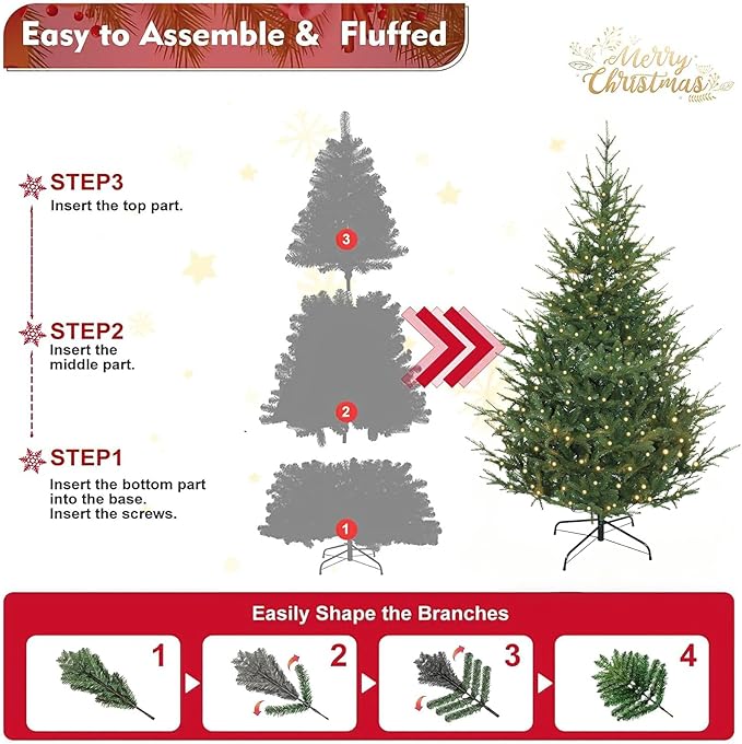 6ft Pre-Lit Christmas Tree, Premium Hinged Artificial Pine Tree w/ 750 Realistic Branch Tips 180 Warm LED Lights Spruce Xmas Full Tree w/Metal Hinges & Foldable Metal Base for Home/Office