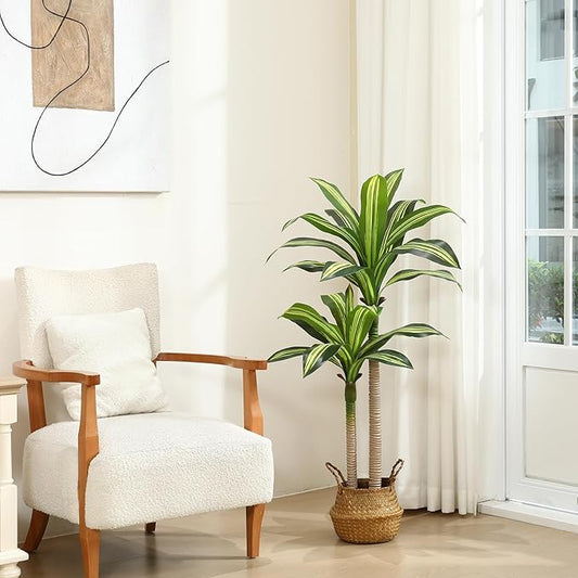 Artificial Plants, 4 Ft Dracaena Tree Faux Plants Indoor Outdoor Decor Fake Tree with Woven Seagrass Basket Plants for Home Decor Office Living Room Porch Patio Housewarming