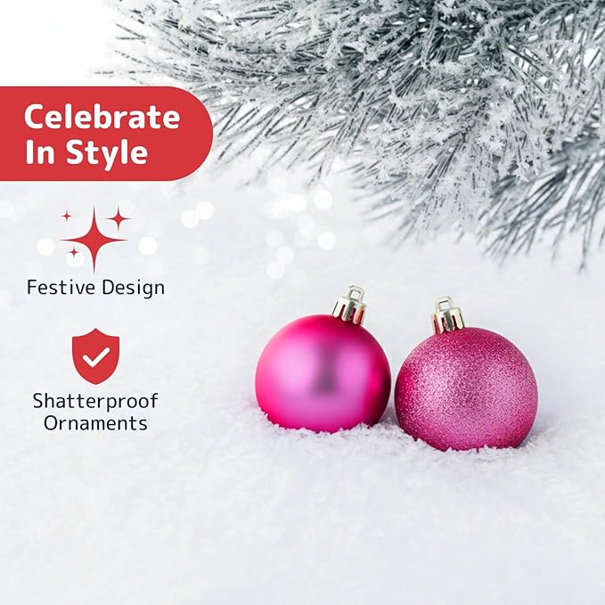 Prextex 36-Pieces Fuchsia Pink Christmas Ornaments Set - Shatterproof, Festive Christmas Balls Decorations in 3 Sizes and 6 Styles with Hanging Loops for Tree, Wreath, and Dazzling Holiday Party Decor