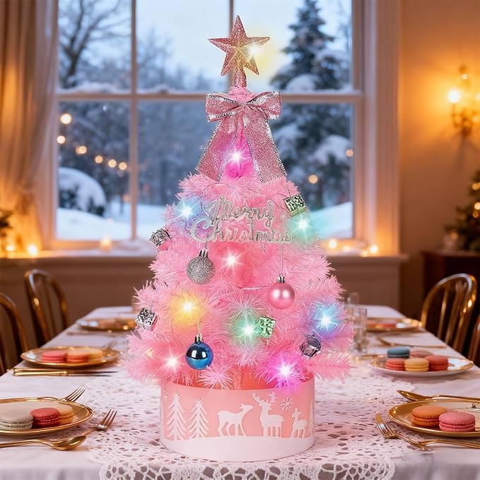 2FT Pre-lit Small Christmas Tree with Lights, Pink Small Christmas Tree with Balls & Star Topper, 3 Lighting Modes Tabletop Xmas Trees for Home, Office, Indoor Decor (Battery Not Included)