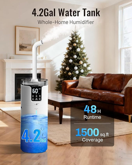 Humidifier large room 16L/4.2Gal - Lacidoll Whole house Humidifier for Home1500 sq.ft. Ultrasonic Cool Mist Humidifiers for Bedroom with Extension Tube & Aroma Box & Night light, White