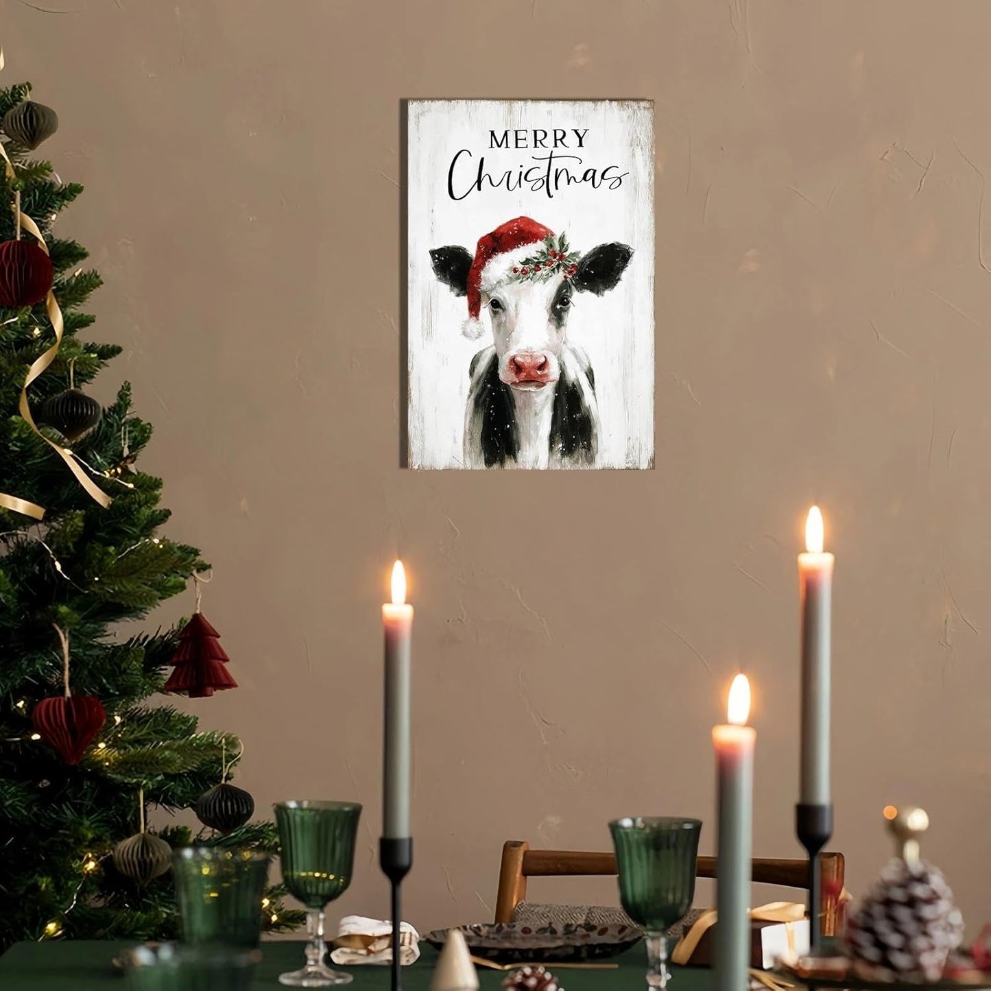 Christmas Cow Canvas Wall Art – Framed Farmhouse Decor for Xmas, Ready to Hang Print Holiday Gifts for Bedroom & Living Room Indoor 10x15 Inch