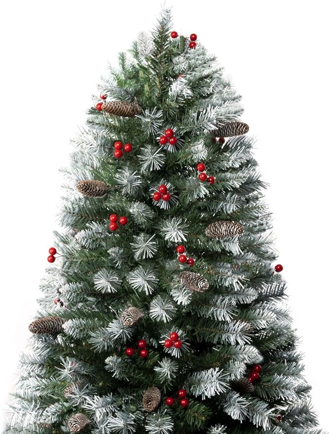 Vancouver 7.5ft Frosted Prelit Artificial Christmas Tree with Pine Cones,Faux Berries, Foot Pedal, 1346 Branch Tips,550 Warm Lights & Metal Stand, 53" Wide Realistic Decorated Spruce Christmas Tree