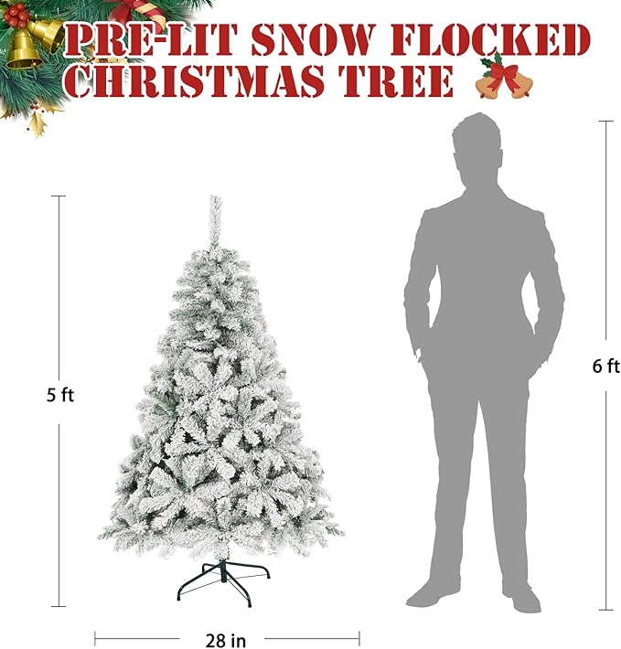 5FT Snow Flocked Christmas Tree, Small Artificial Holiday Xmas Tree with 600 Branch Tips, Foldable Stand for Holiday Party Decoration