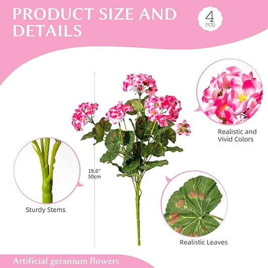 Artificial Geranium Flowers for Outdoors Geraniums Artificial Flowers Realistic Faux Geraniums for Outdoor Planters Silk Geranium Outdoor Fake Flowers Porch Home Kitchen Garden Decor(4PCS,Pink)