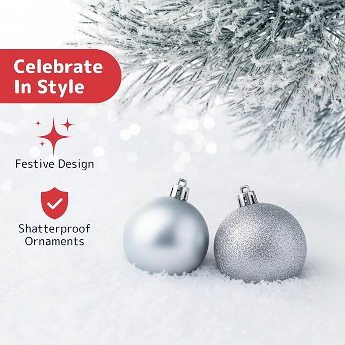 Prextex 36pc Silver Christmas Ornaments Set - Shatterproof Christmas Tree Ornaments in 3 Sizes and 6 Styles - Hanging Balls with Loops in Matte, Shiny, and Glitter Finishes for Indoor-Outdoor Display