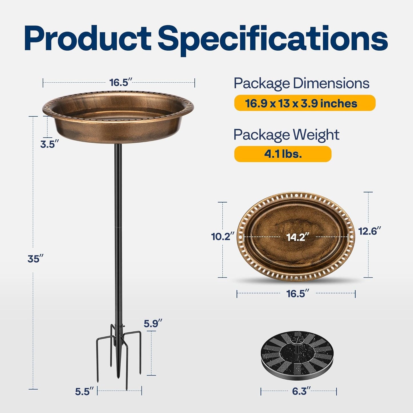 VIVOHOME Oval Polyresin Bird Bath Bowl with Solar Fountain, 29 Inch Height Outdoor Freestanding Birdfeeder with Metal Stake, Capacity 1.3 Gallons, 5-Pronged Base, Copper