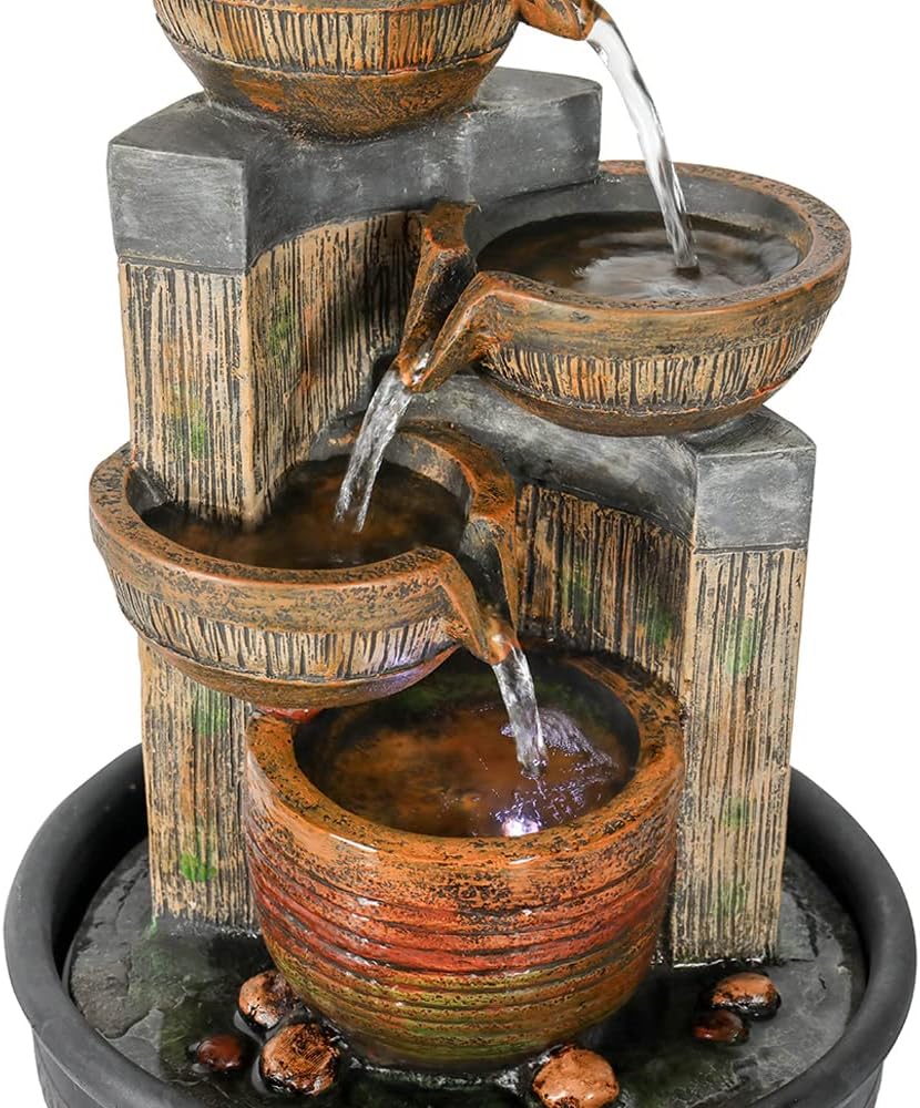 15.7''H 4-Tier Relaxation Indoor Tabletop Waterfall Fountain with LED Lights Desktop Fountains Calming Sound for Home Office Bedroom Decor (Brown, 15.7inch)
