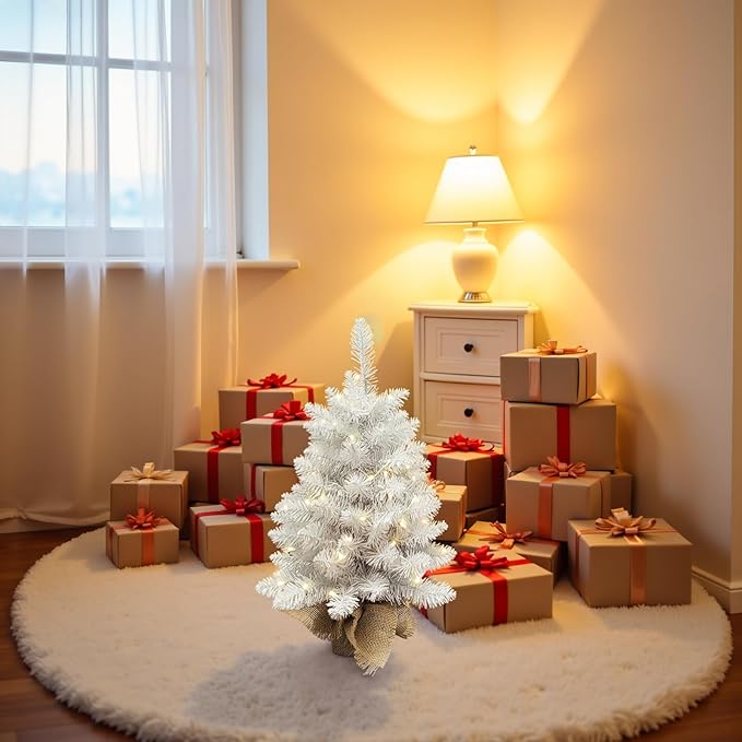 Small Christmas Tree with Lights,2ft Pre Lit Artificial Mini Xmas Tree for Tabletop,Outdoor,Bedroom,Office Decorations,Includes 50 Led Warm Lights,73 PVC Branch Tips,White(Battery Operated)