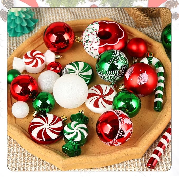 Christmas Tree Ornaments, Green Red White Christmas Ball Ornaments Set of 60 Pack Shatterproof Plastic Xmas Decorations for Home Party Tree