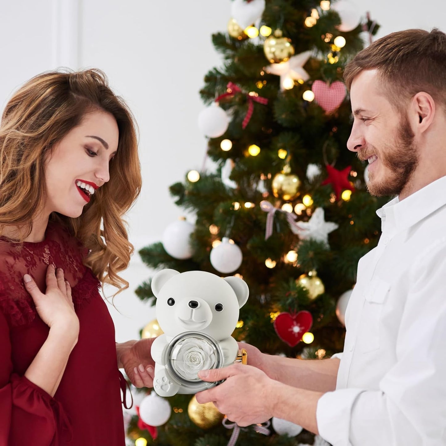 Cute Teddy Bear with Preserved Rose - A Real Rose Flower in Bear with Elegant Gift Box - Romantic Gift for Her in Mother's Day, Weddings, Anniversaries, and Bridal Showers (White)