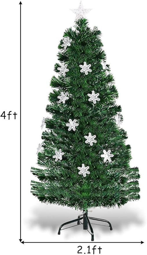 Happygrill 4FT Fiber Optic Artificial Christmas Tree, Pre-lit Xmas Tree Artificial Green Christmas Tree with Star Lights, Metal Stand, Full Xmas Tree for Holiday Decoration