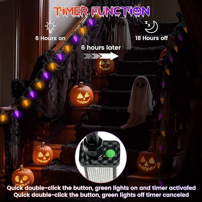 2 Pack C6 Halloween Lights Outdoor Indoor, Total 200 LED 66 FT Connectable Halloween String Lights with Timer & 13 Modes, Waterproof Twinkle Light for Tree Horror Party Decorations (Orange and Purple)