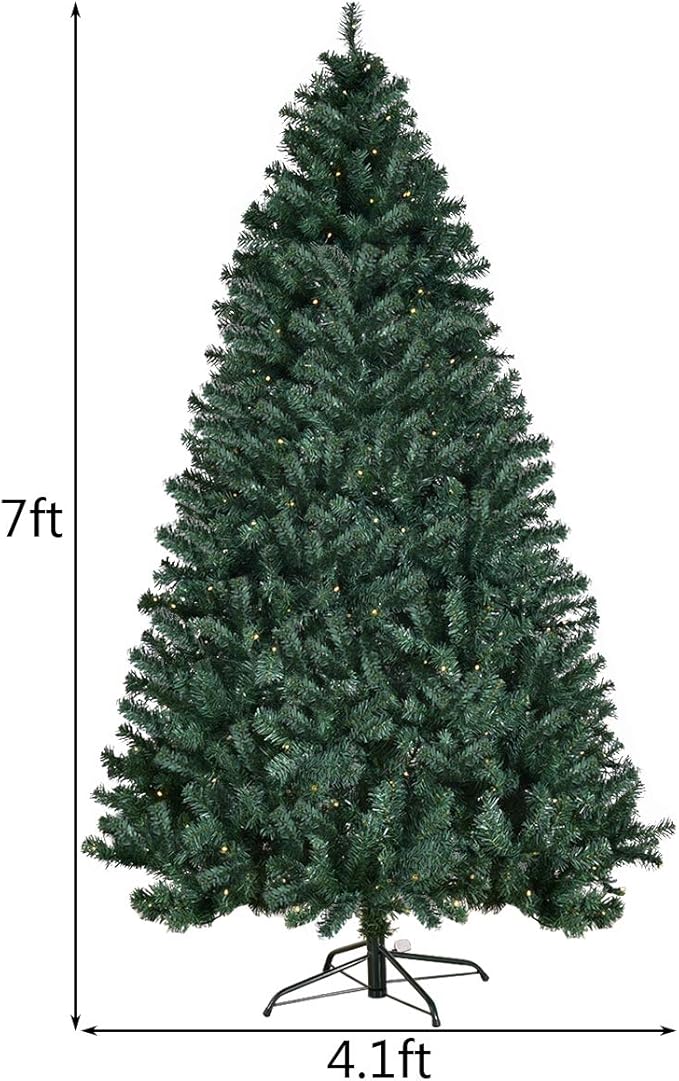HAPPYGRILL 7FT Pre-lit Christmas Tree Artificial Hinged Xmas Tree for Home Holiday Décor Metal Stand PVC Material 300 LED Lights 1096 Branches Easy Setup & Storage