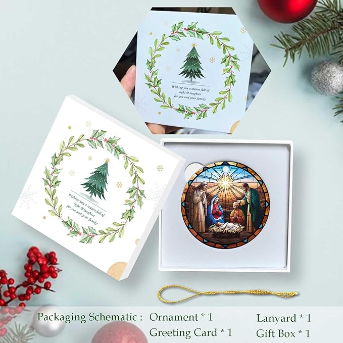 Nativity Night Ornaments Round Ceramic Stained Glass Style Birth of Jesus Christ Ornament Christmas Keepsake Decor for Christmas Tree Winter for Women Men Xmas Hanging Ornament 3"