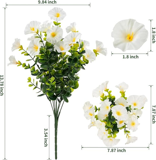Lnoicy Artificial Flowers for Outdoor 12 Bundles Eucalyptus Fake Flowers for Planter,UV Resistant Fake Morning Glory for Home/Porch/Garden Decoration(White)