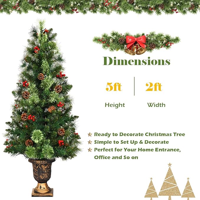 HAPPYGRILL 5FT Pre-Lit Artificial Christmas Tree with Urn Base, Artificial Xmas Tree with 260 Branch Tips, 100 Warm White Lights, Pine Cones, Red Berries, Front Door Porch Entryway Christmas Tree