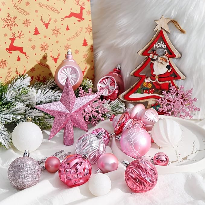 XmasExp 99-Pack Christmas Ball Ornaments Assorted Shatterproof Christmas Tree Decorations with Hand-held Gift Package for Xmas Tree,Home,Party(Baby Pink)