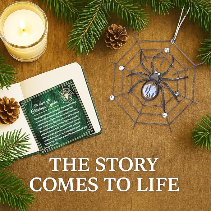 Matashi Black Spider Hanging Ornament for Christmas Tree w Blue, Clear Crystals –Lucky Spider Web Decoration for Tree, Seasonal Decor Holiday Hanging Ornament Gift Inspired by Christmas Spider Legend