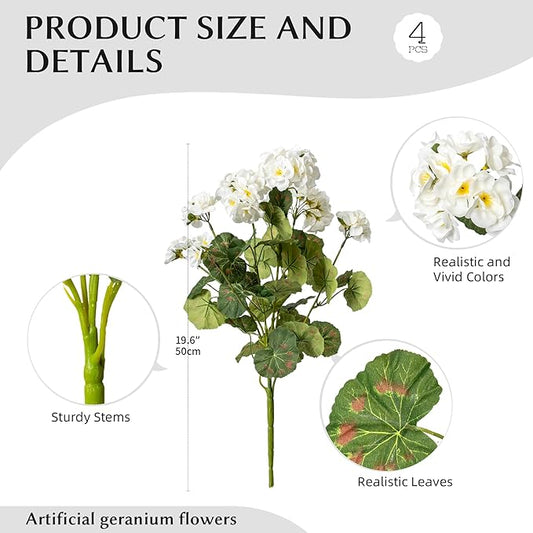 Artificial Geranium Flowers for Outdoors Geraniums Artificial Flowers Realistic Faux Geraniums for Outdoor Planters Silk Geranium Outdoor Fake Flowers Porch Home Kitchen Garden Decor(4PCS,White)