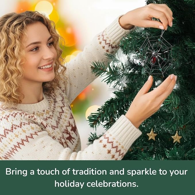 Matashi Black Spider Hanging Ornament for Christmas Tree w Red, Green Crystals – Lucky Spider Web Decoration for Tree, Seasonal Decor Holiday Hanging Ornament Gift Inspired by Christmas Spider Legend